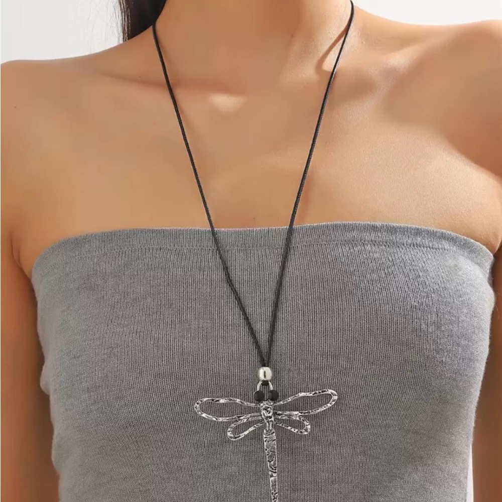 NWT Silver Dragonfly Pendant Necklace Black Cord Boho Nature Statement 27.5”+Ext